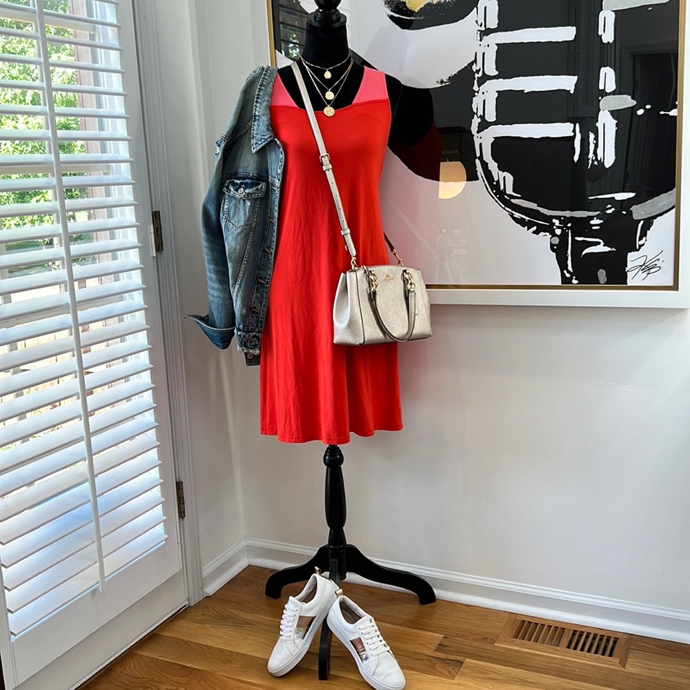 Eileen Fisher Red and Pink Sleeveless Peephole Back Swing Dress, Size S